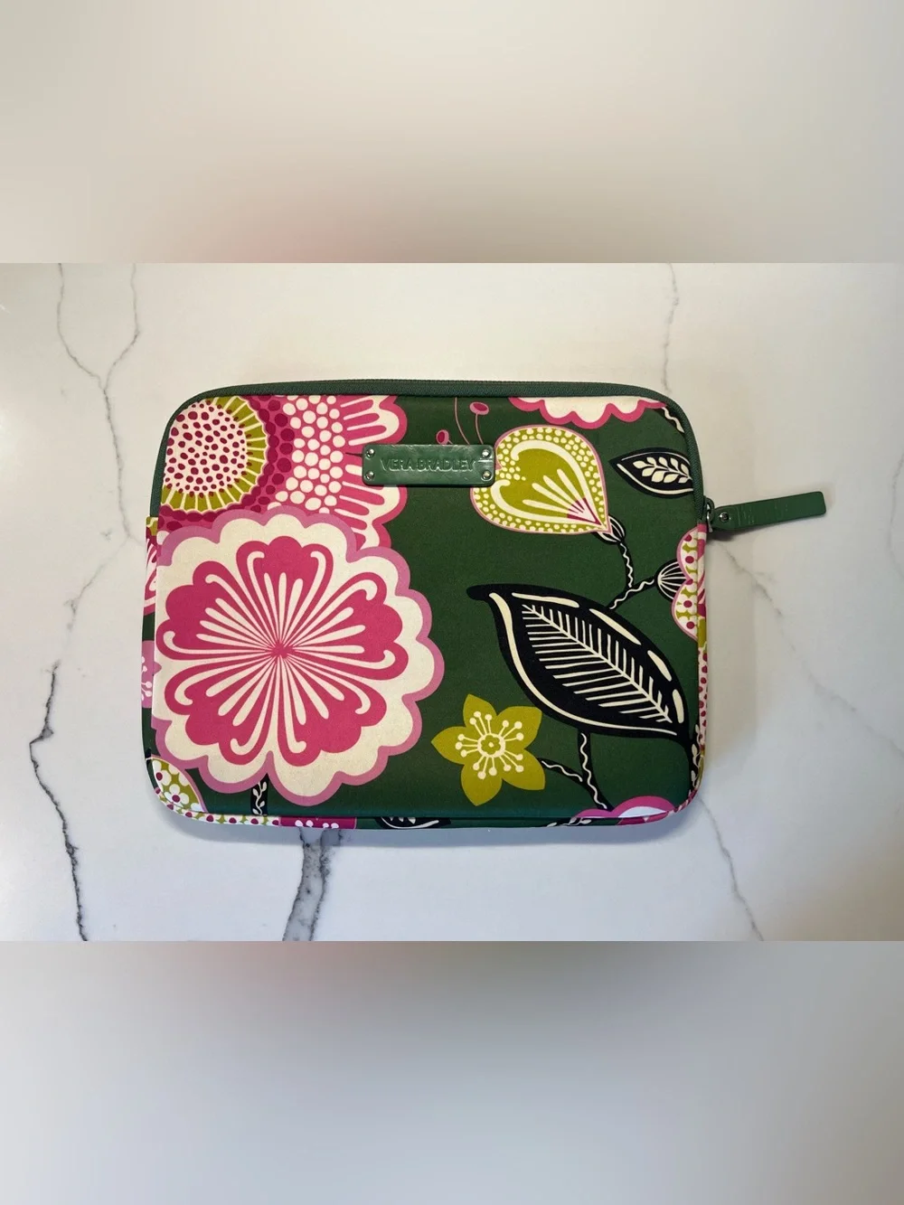 Vera Bradley Green Floral Pouch with Pink & Lime Accents